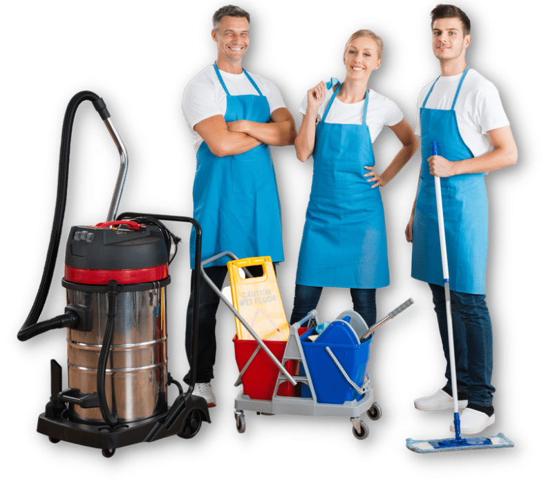 Tre addetti alle pulizie con aspirapolvere e strumenti da lavoro